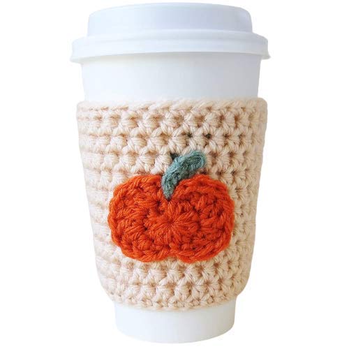 Reusuable Coffee Cozy Sleeve Beige with Pumpkin Applique