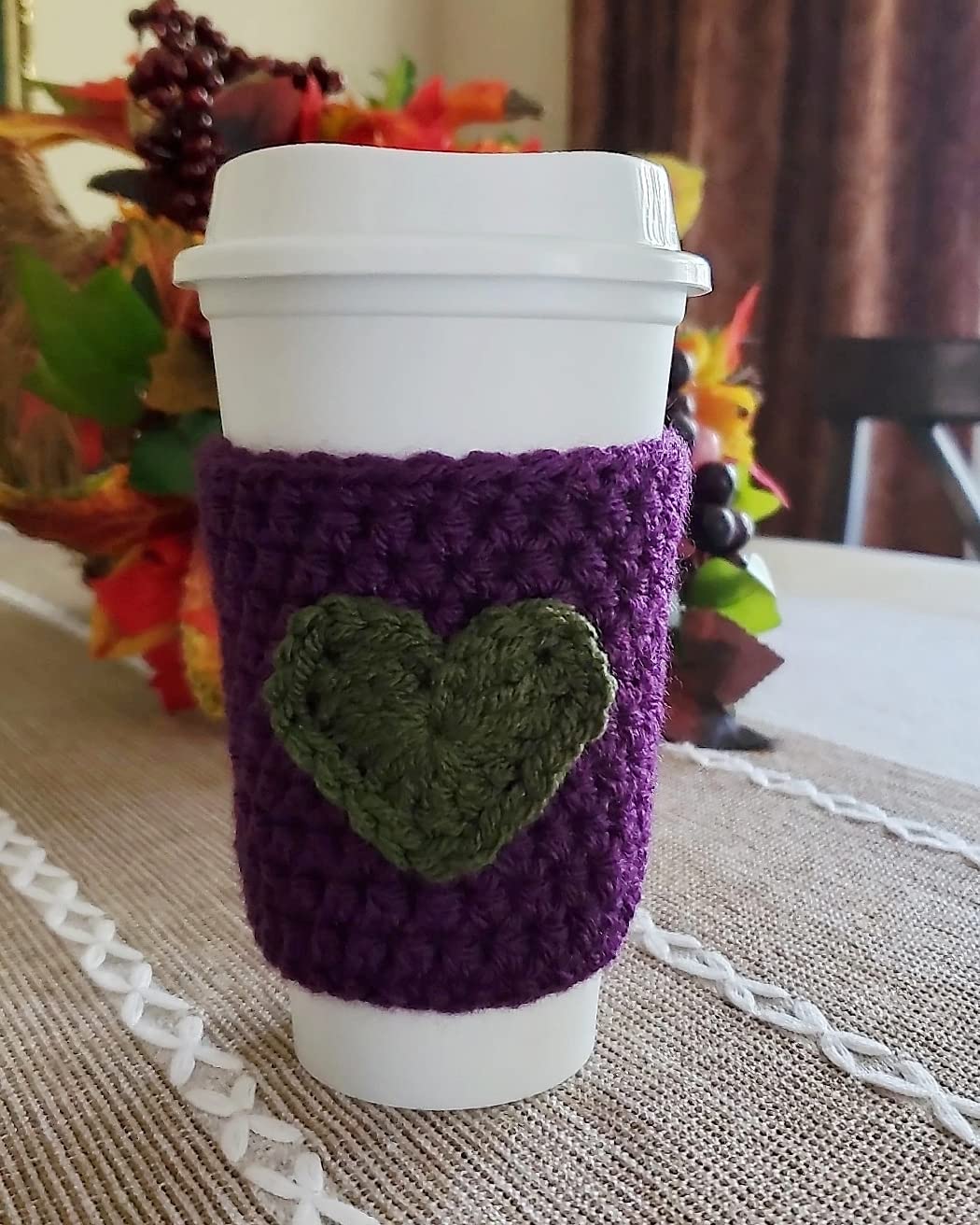 Reusable Fall Coffee Cozy Sleeve | Purple with Olive Heart